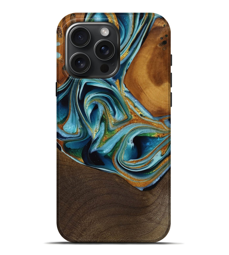 iPhone 16 Pro Max Wood Live Edge Phone Case - Estelle (Teal & Gold, 751701)