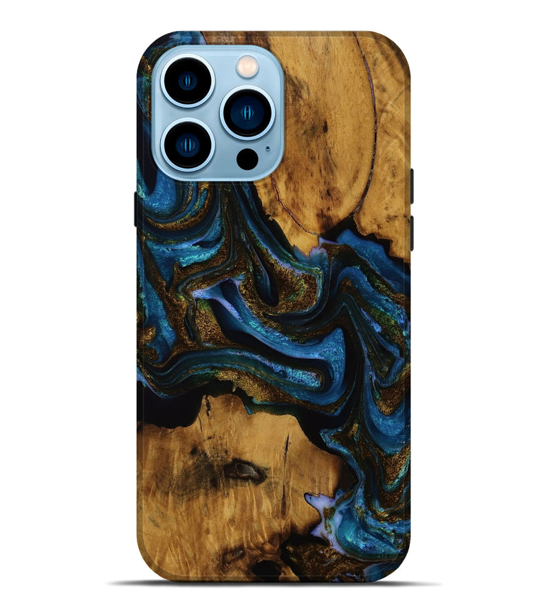 iPhone 14 Pro Max Wood Live Edge Phone Case - Cullen (Teal & Gold, 751702)
