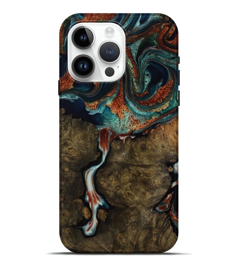 iPhone 15 Pro Max Wood Live Edge Phone Case - Waldo (Teal & Gold, 751703)