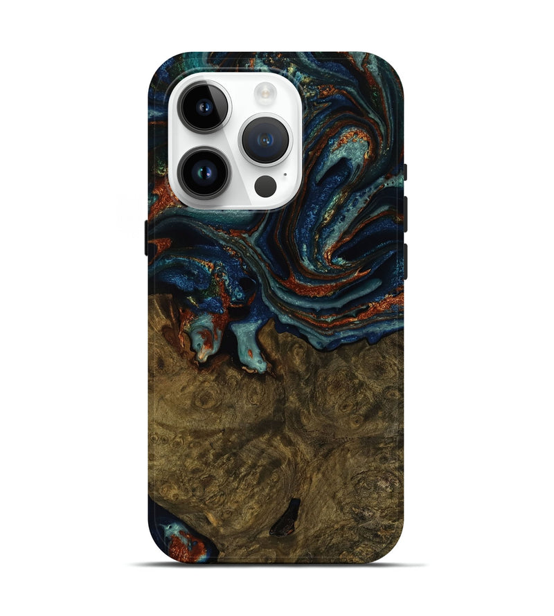 iPhone 15 Pro Wood Live Edge Phone Case - Seymour (Teal & Gold, 751706)