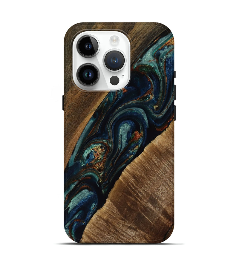 iPhone 15 Pro Wood Live Edge Phone Case - Alyce (Teal & Gold, 751707)