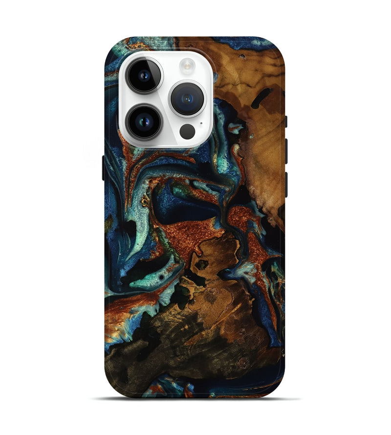 iPhone 15 Pro Wood Live Edge Phone Case - Indy (Teal & Gold, 751712)