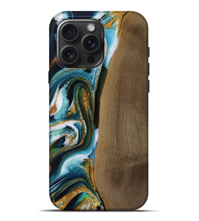 iPhone 16 Pro Max Wood Live Edge Phone Case - Lily (Teal & Gold, 751713)