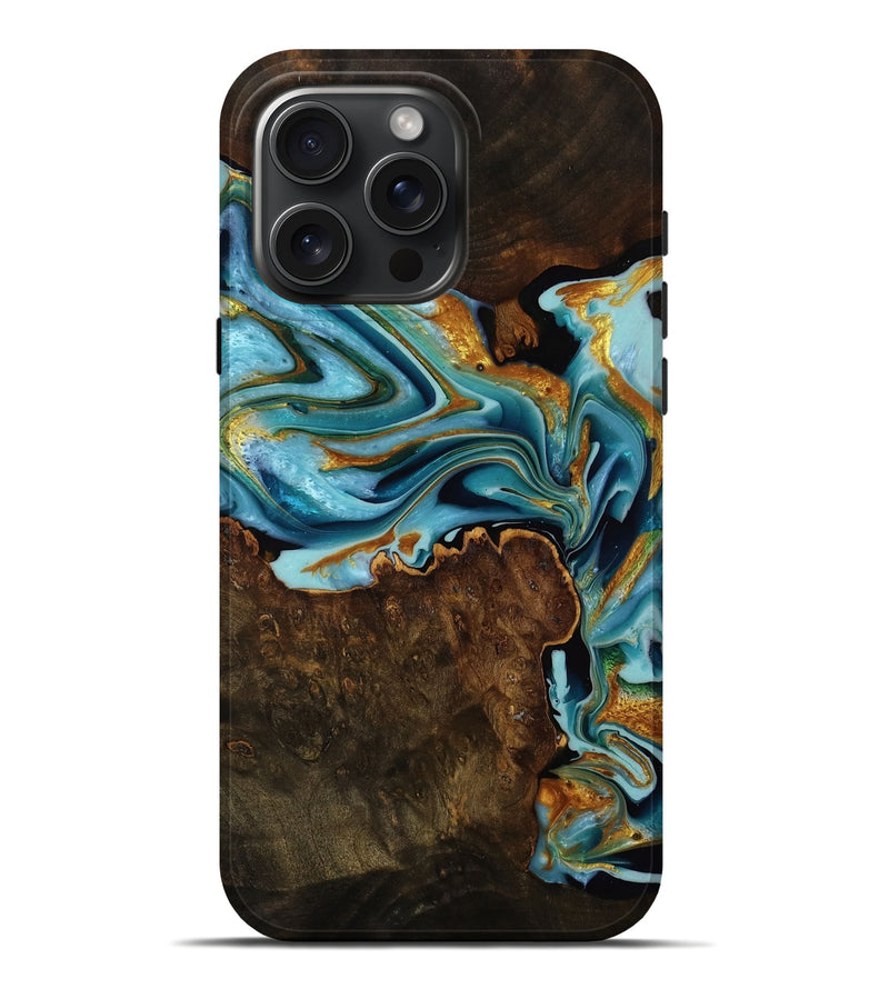 iPhone 16 Pro Max Wood Live Edge Phone Case - Sariyah (Teal & Gold, 751726)
