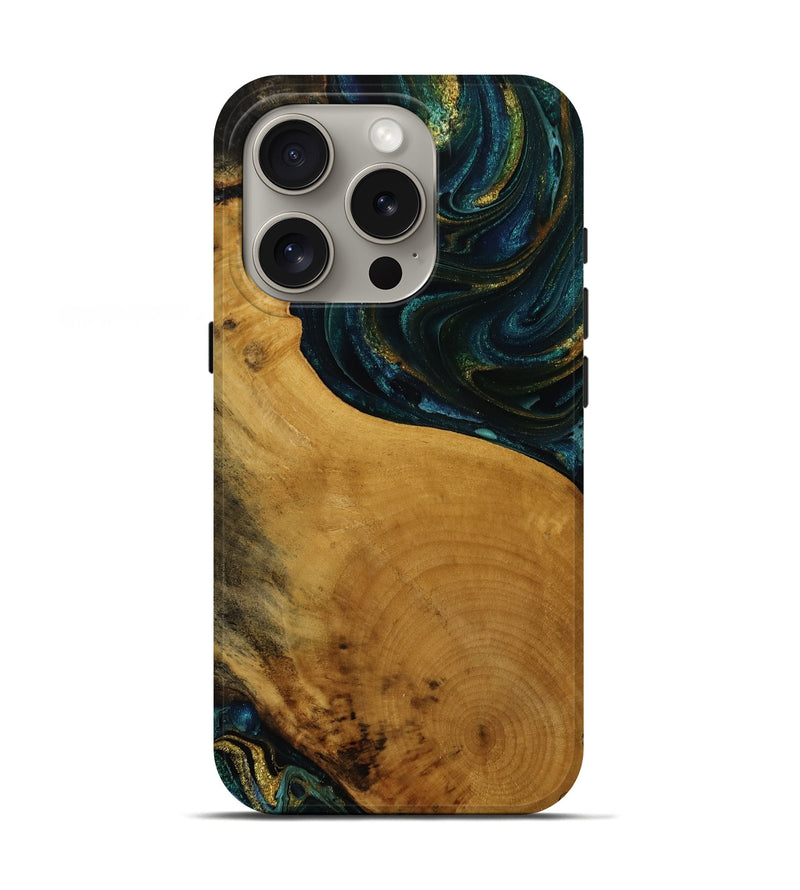 iPhone 16 Pro Wood Live Edge Phone Case - Elwin (Teal & Gold, 751918)