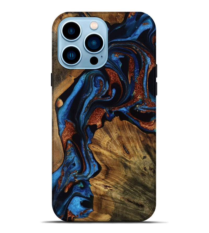 iPhone 14 Pro Max Wood Live Edge Phone Case - Alison (Teal & Gold, 752684)