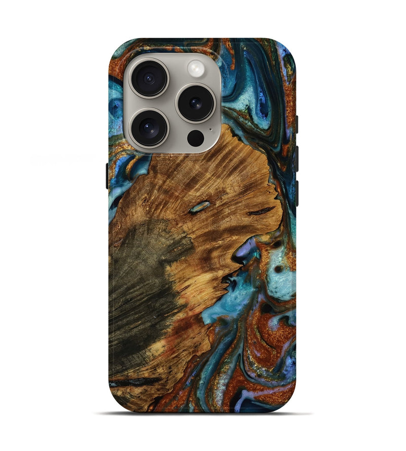 iPhone 16 Pro Wood Live Edge Phone Case - Aidyn (Teal & Gold, 752691)