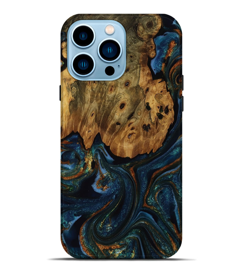 iPhone 14 Pro Max Wood Live Edge Phone Case - Shelbie (Teal & Gold, 752693)