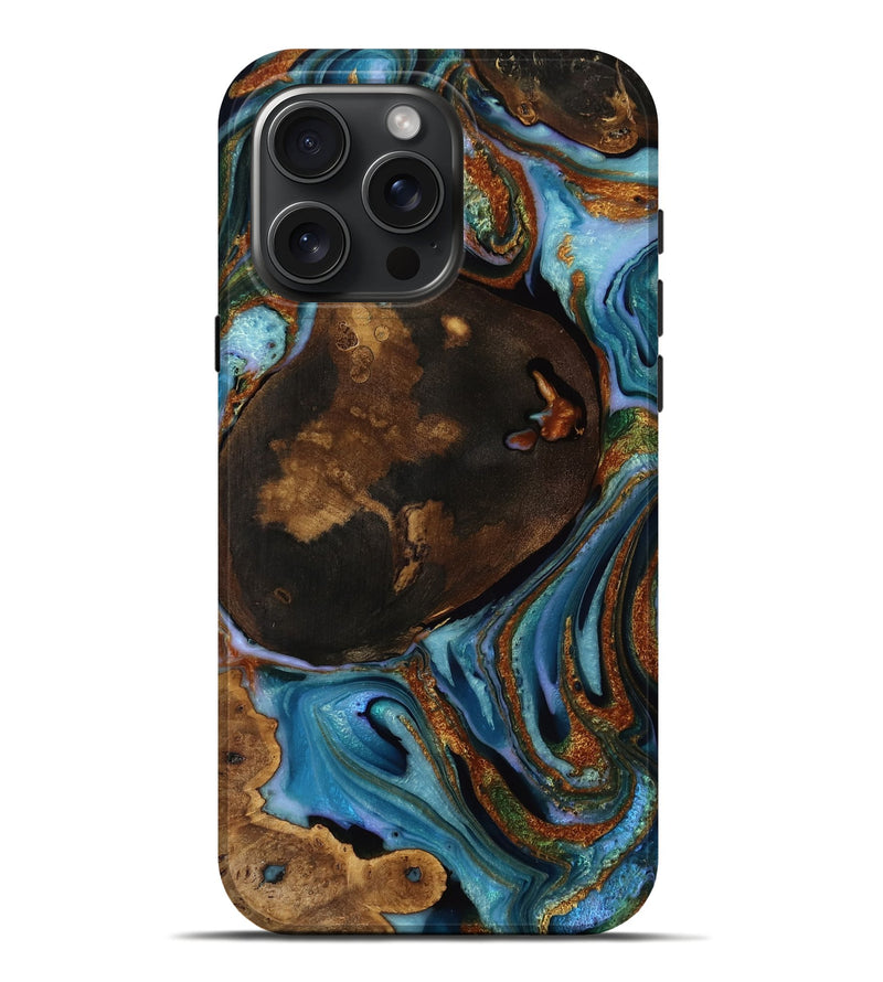 iPhone 16 Pro Max Wood Live Edge Phone Case - Leia (Teal & Gold, 752713)