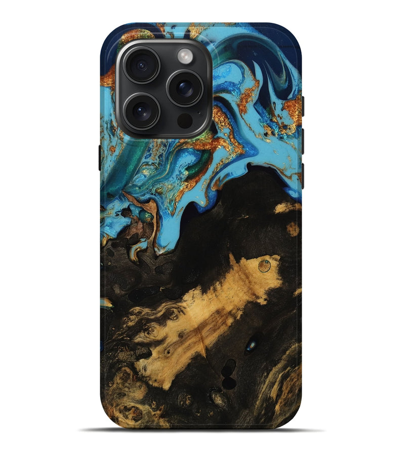 iPhone 16 Pro Max Wood Live Edge Phone Case - Kale (Teal & Gold, 753479)