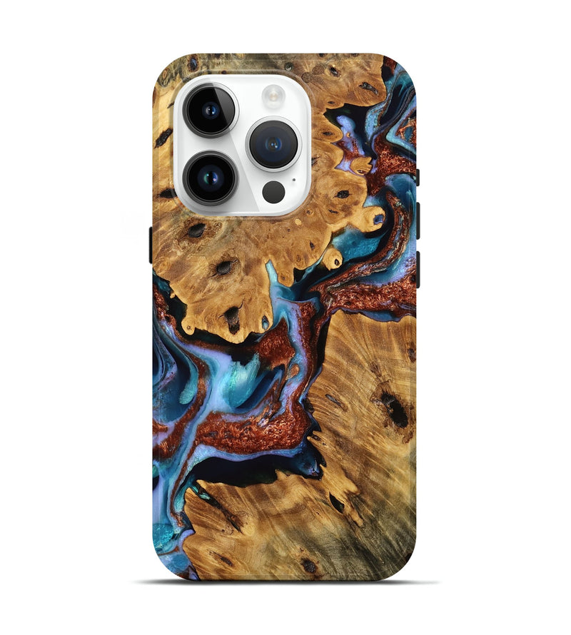 iPhone 15 Pro Wood Live Edge Phone Case - Karley (Teal & Gold, 753481)