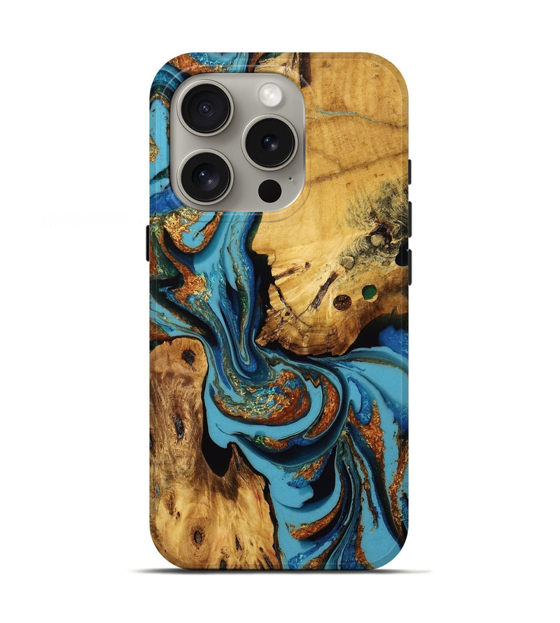 iPhone 16 Pro Wood Live Edge Phone Case - Leon (Teal & Gold, 753482)
