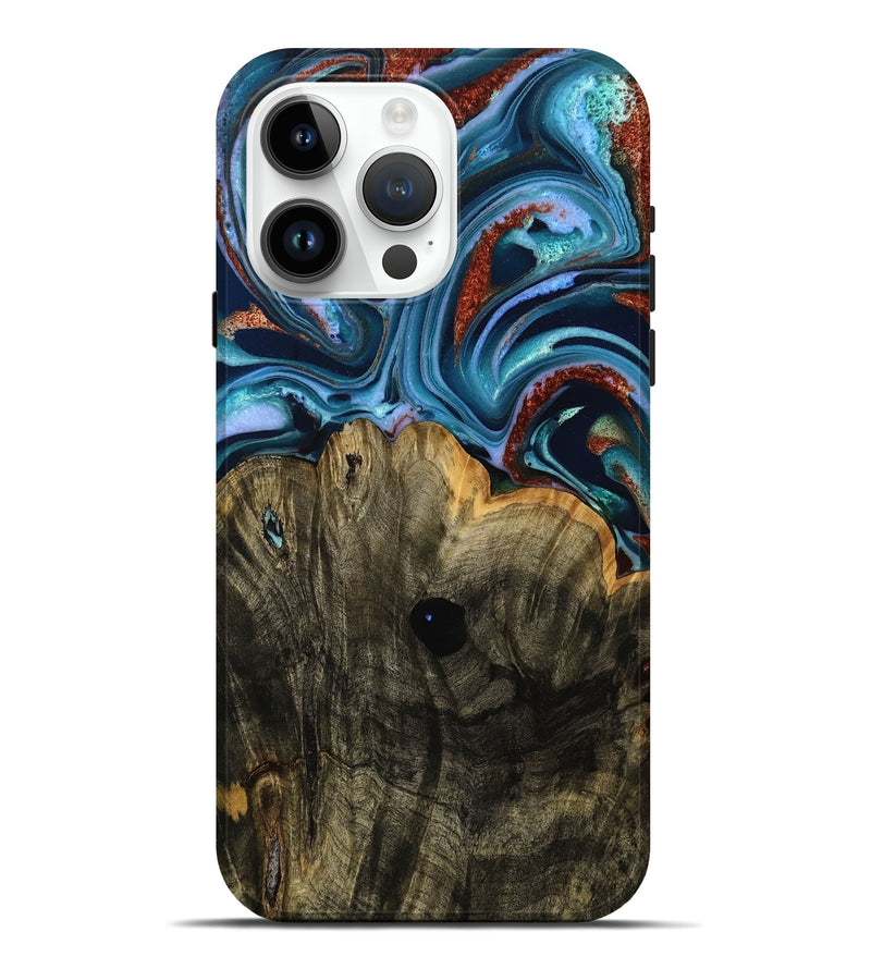 iPhone 15 Pro Max Wood Live Edge Phone Case - Jackie (Teal & Gold, 753483)