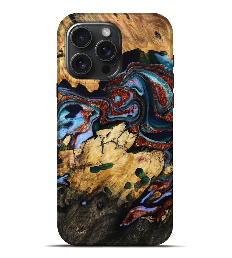 iPhone 16 Pro Max Wood Live Edge Phone Case - Addisyn (Teal & Gold, 753484)