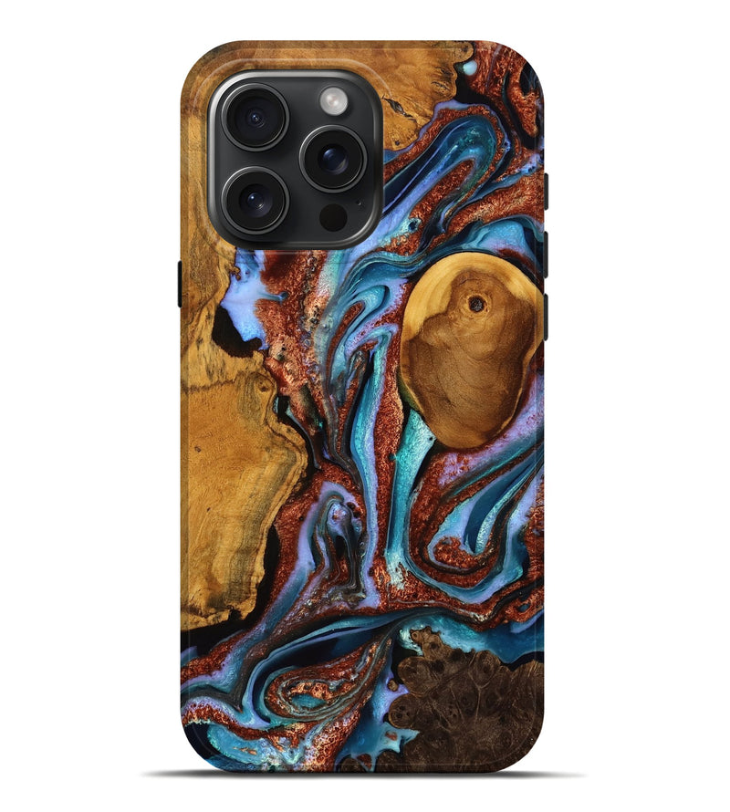 iPhone 16 Pro Max Wood Live Edge Phone Case - Kristyn (Teal & Gold, 753485)