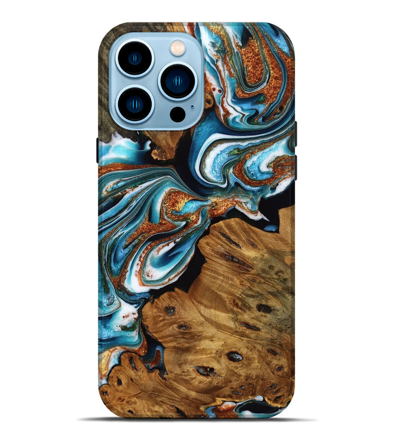 iPhone 14 Pro Max Wood Live Edge Phone Case - Berry (Teal & Gold, 753486)