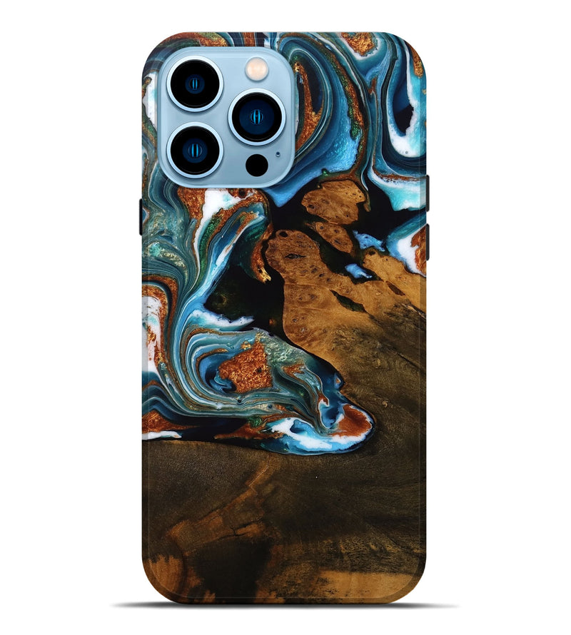 iPhone 14 Pro Max Wood Live Edge Phone Case - Lorena (Teal & Gold, 753487)