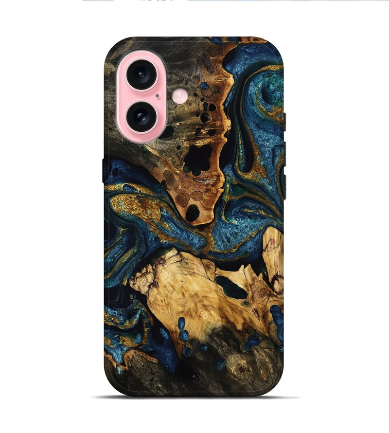 iPhone 16 Wood Live Edge Phone Case - Hollis (Teal & Gold, 753491)