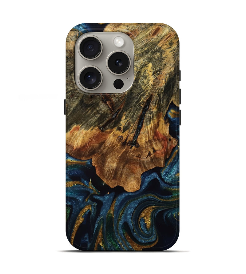 iPhone 16 Pro Wood Live Edge Phone Case - Orrin (Teal & Gold, 753500)