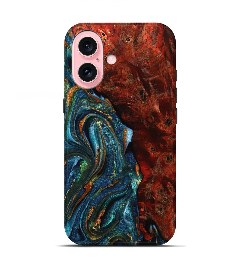 iPhone 16 Wood Live Edge Phone Case - Zahir (Teal & Gold, 754074)