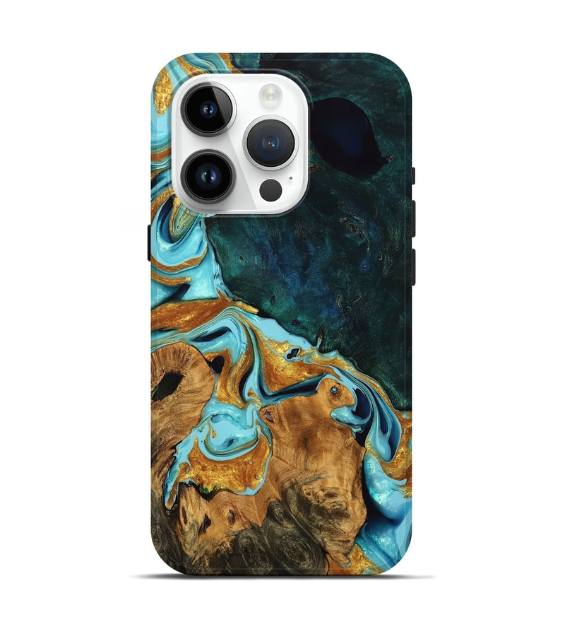 iPhone 15 Pro Wood Live Edge Phone Case - Casie (Teal & Gold, 754083)