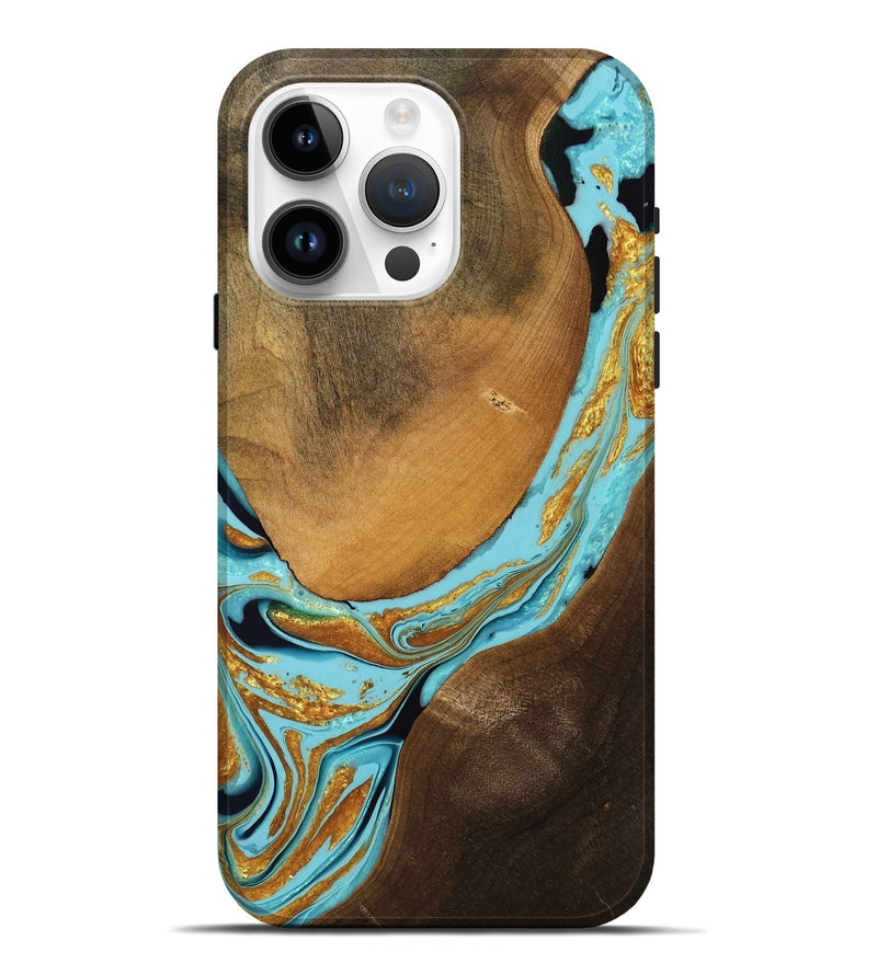 iPhone 15 Pro Max Wood Live Edge Phone Case - Izaiah (Teal & Gold, 754094)