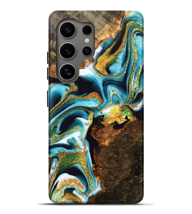 Galaxy S25 Ultra Wood Live Edge Phone Case - Erica (Teal & Gold, 754860)