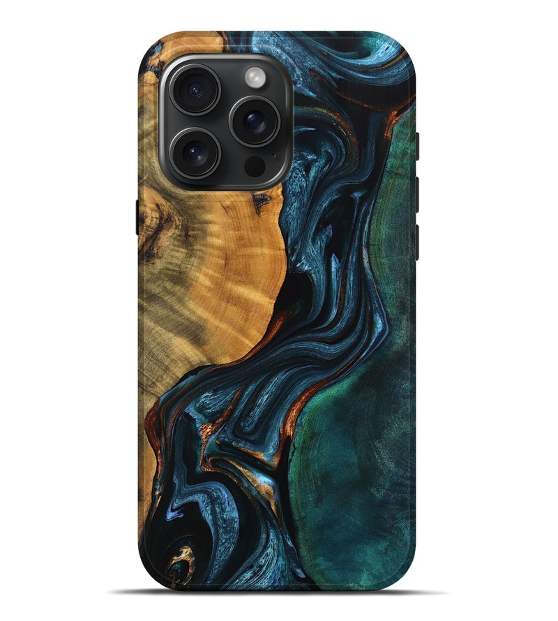 iPhone 16 Pro Max Wood Live Edge Phone Case - Akeelah (Teal & Gold, 755059)