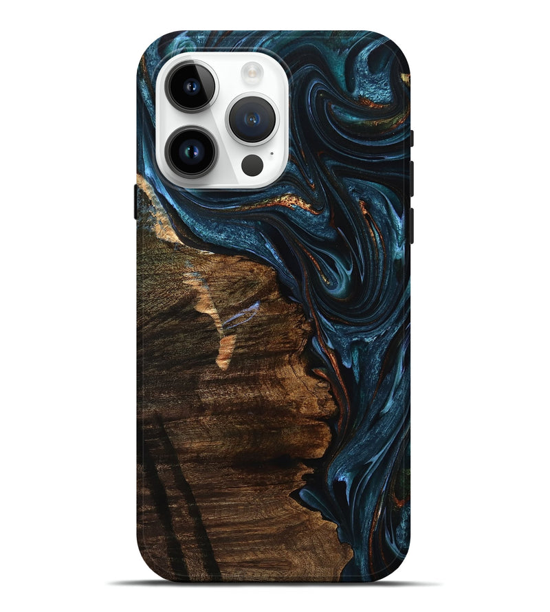 iPhone 15 Pro Max Wood Live Edge Phone Case - Forrest (Teal & Gold, 755062)