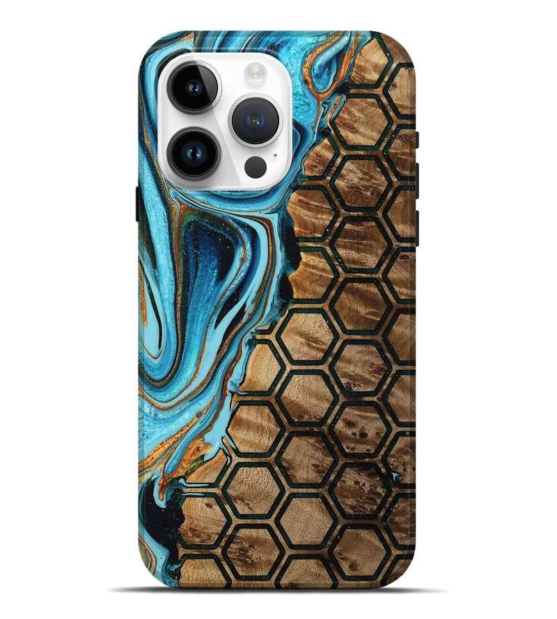 iPhone 15 Pro Max Wood Live Edge Phone Case - Wilda (Teal & Gold, 755349)