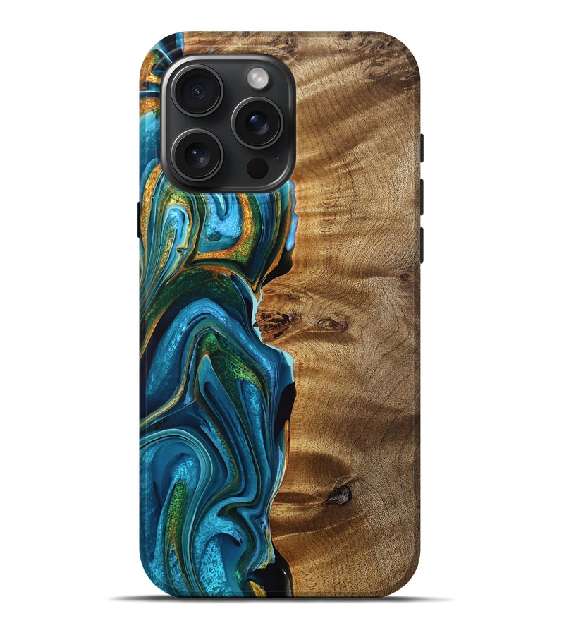 iPhone 16 Pro Max Wood Live Edge Phone Case - Orpha (Teal & Gold, 755350)