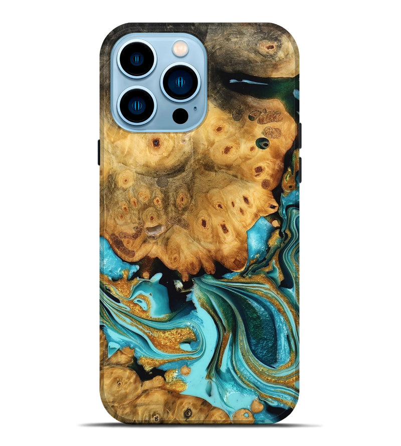iPhone 14 Pro Max Wood Live Edge Phone Case - Samira (Teal & Gold, 755357)