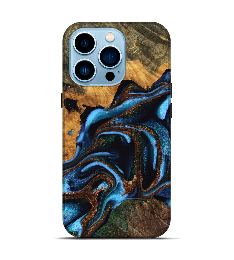 iPhone 14 Pro Wood Live Edge Phone Case - Sage (Teal & Gold, 755358)