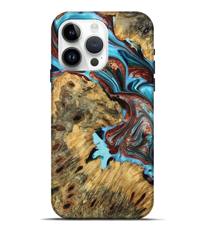 iPhone 15 Pro Max Wood Live Edge Phone Case - Lauren (Teal & Gold, 755359)