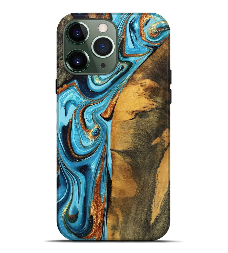 iPhone 13 Pro Max Wood Live Edge Phone Case - Bess (Teal & Gold, 755360)