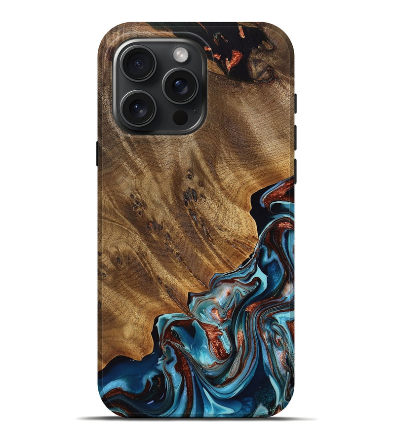 iPhone 16 Pro Max Wood Live Edge Phone Case - Keon (Teal & Gold, 755361)