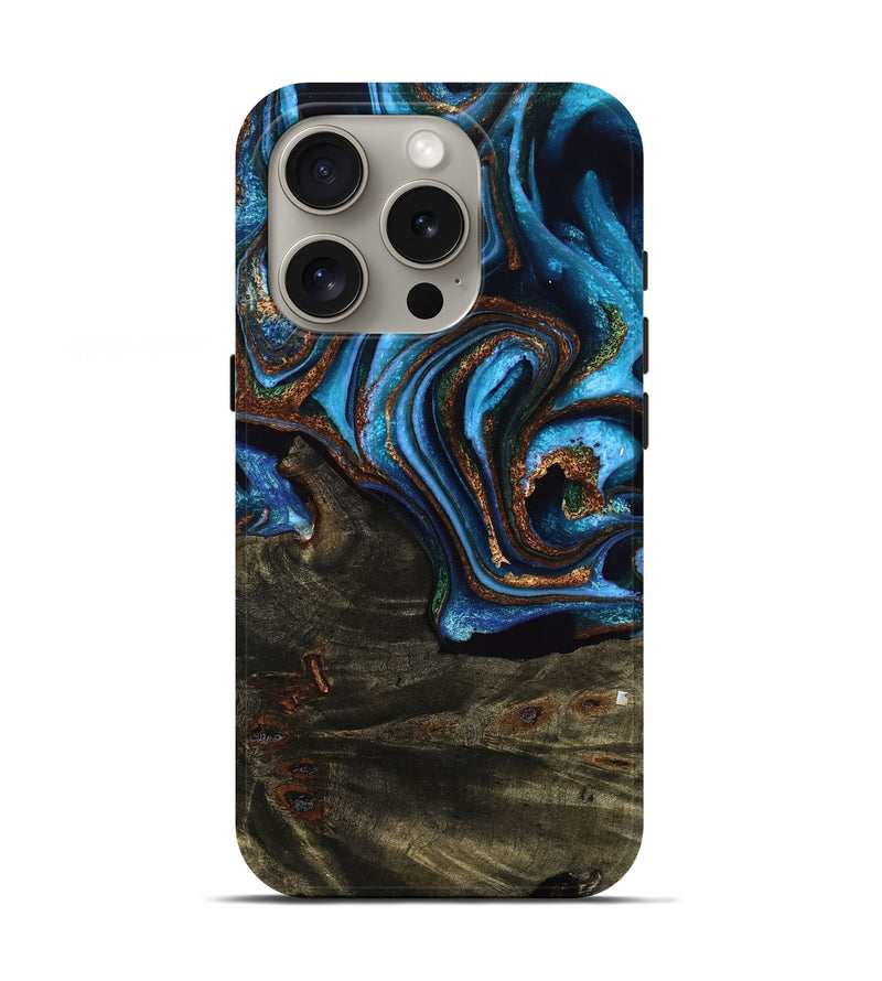 iPhone 16 Pro Wood Live Edge Phone Case - Curtis (Teal & Gold, 755364)