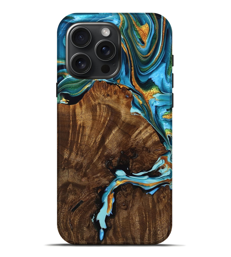 iPhone 16 Pro Max Wood Live Edge Phone Case - Kylan (Teal & Gold, 755369)