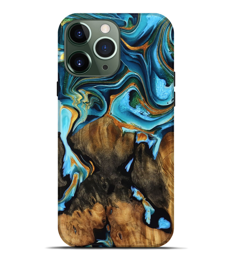 iPhone 13 Pro Max Wood Live Edge Phone Case - Tomika (Teal & Gold, 755370)