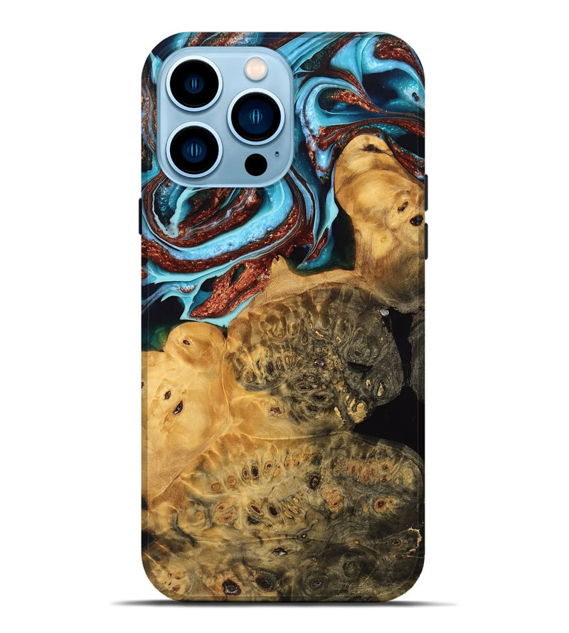 iPhone 14 Pro Max Wood Live Edge Phone Case - Branden (Teal & Gold, 755371)