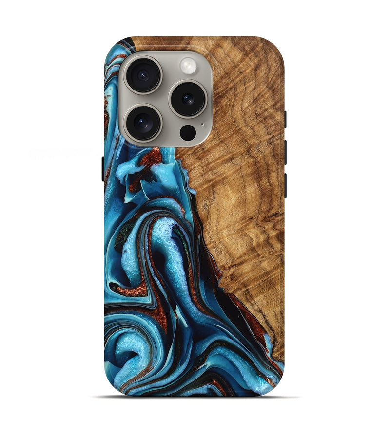 iPhone 16 Pro Wood Live Edge Phone Case - Lesley (Teal & Gold, 755372)