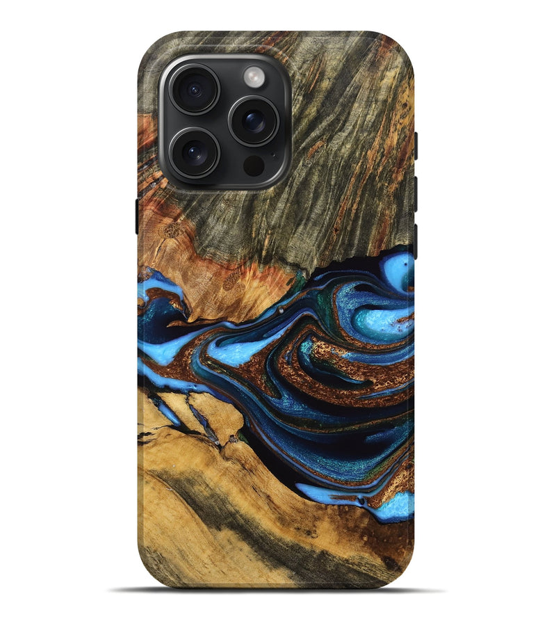 iPhone 16 Pro Max Wood Live Edge Phone Case - Daryl (Teal & Gold, 755373)