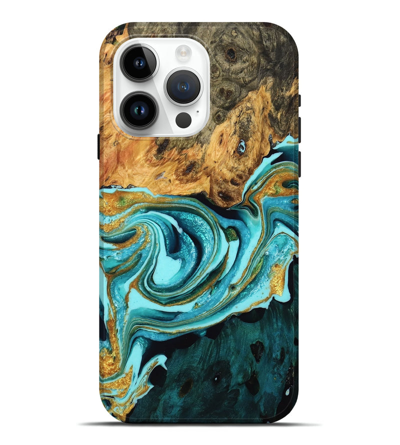 iPhone 15 Pro Max Wood Live Edge Phone Case - Bambi (Teal & Gold, 755377)
