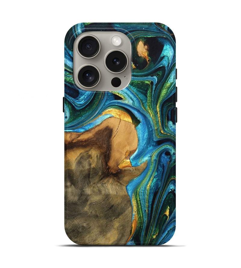 iPhone 16 Pro Wood Live Edge Phone Case - Lindsay (Teal & Gold, 756211)