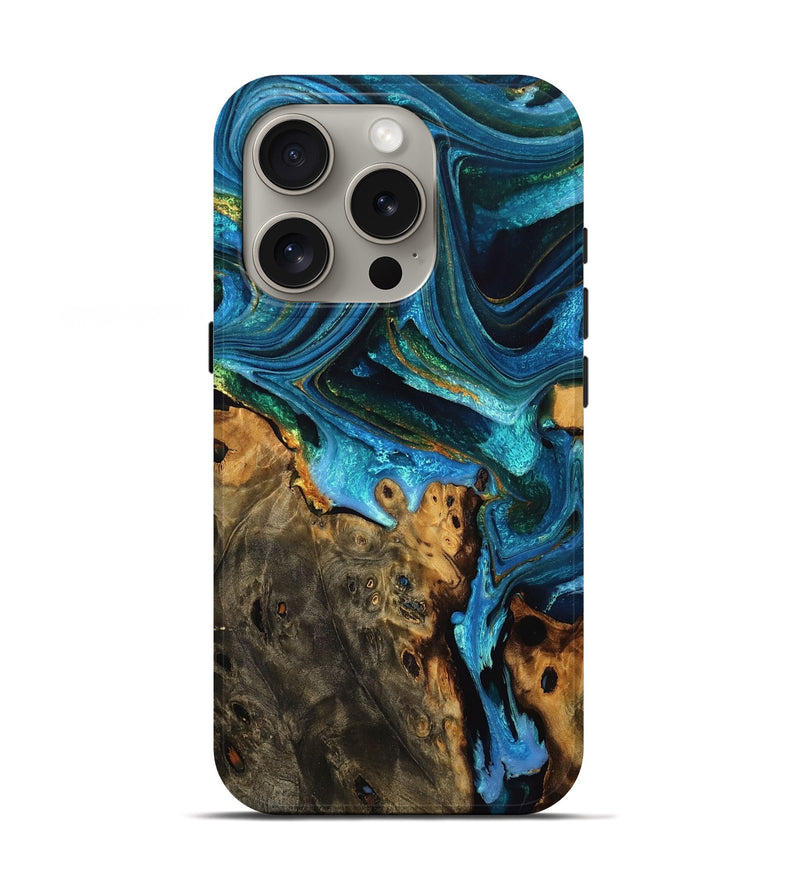 iPhone 16 Pro Wood Live Edge Phone Case - Deacon (Teal & Gold, 756220)