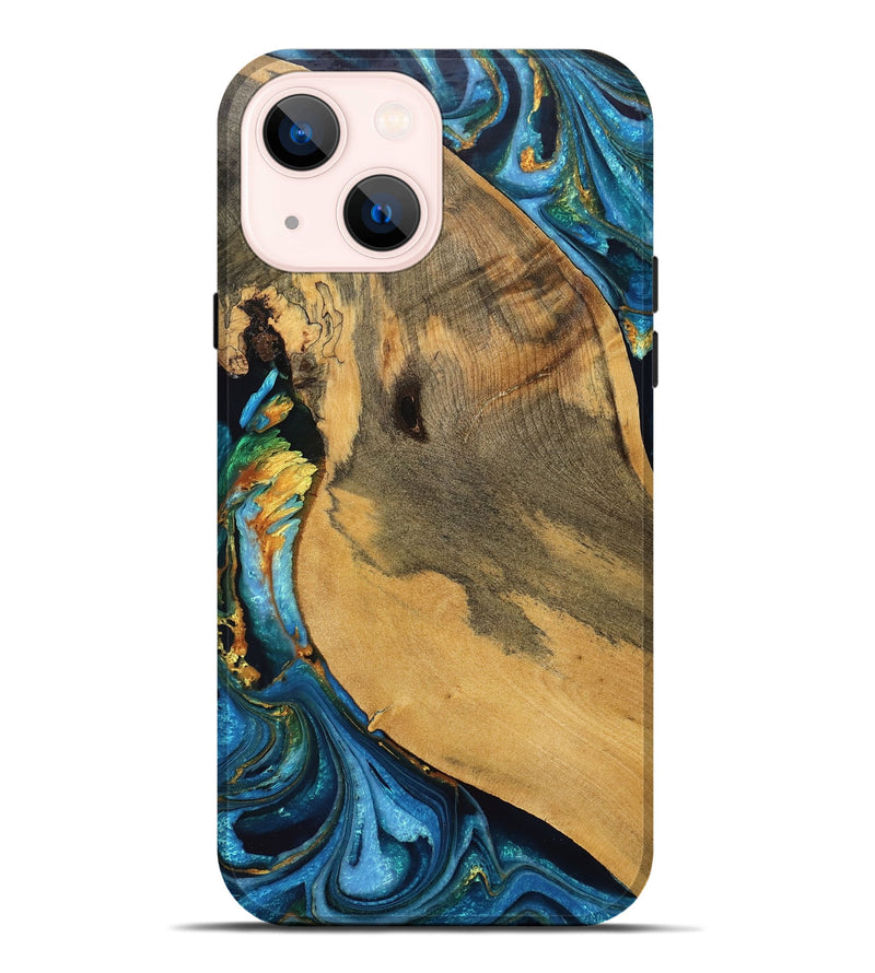 iPhone 14 Plus Wood Live Edge Phone Case - Alonso (Teal & Gold, 756228)