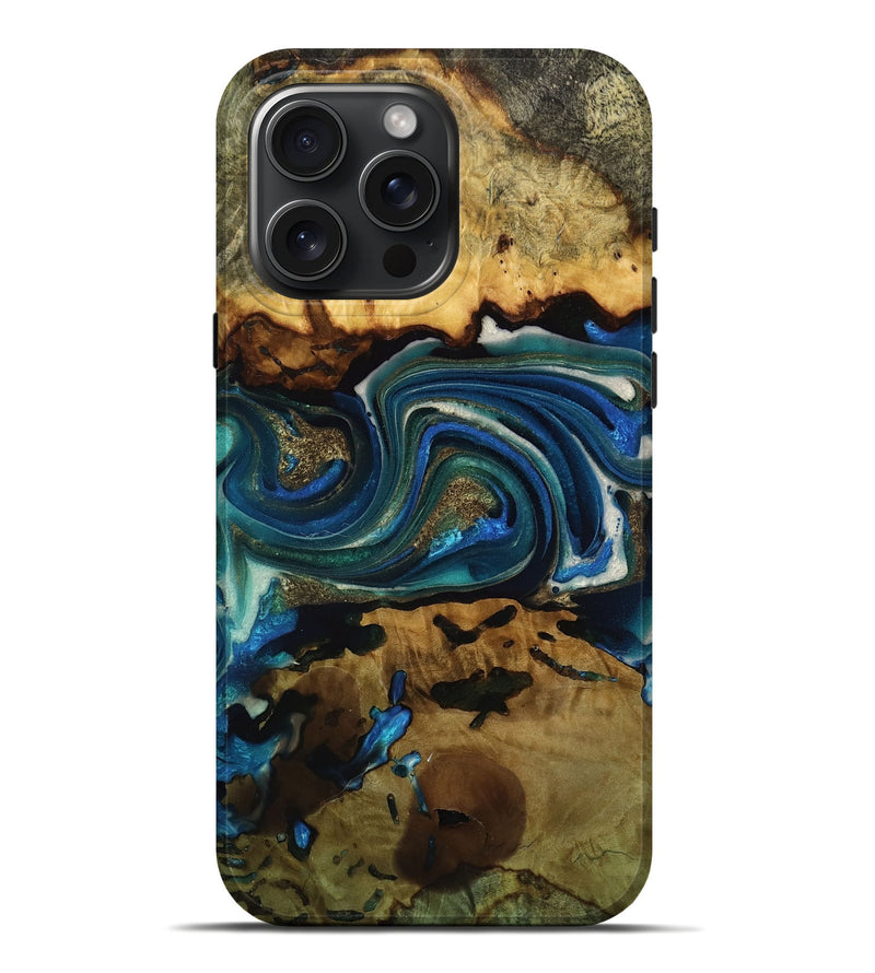 iPhone 16 Pro Max Wood Live Edge Phone Case - Maud (Teal & Gold, 756972)