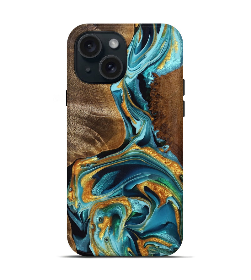 iPhone 15 Wood Live Edge Phone Case - Phil (Teal & Gold, 756974)