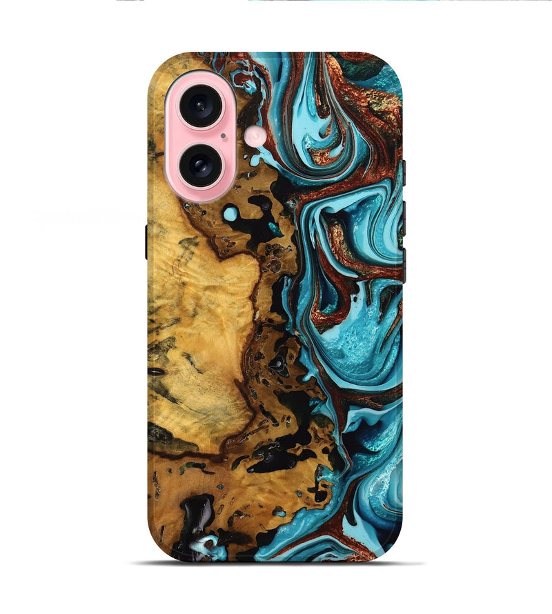iPhone 16 Wood Live Edge Phone Case - Kennedi (Teal & Gold, 756976)