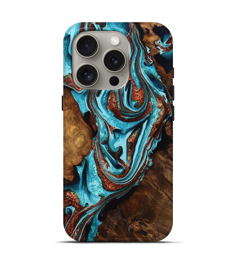 iPhone 16 Pro Wood Live Edge Phone Case - Maya (Teal & Gold, 756977)
